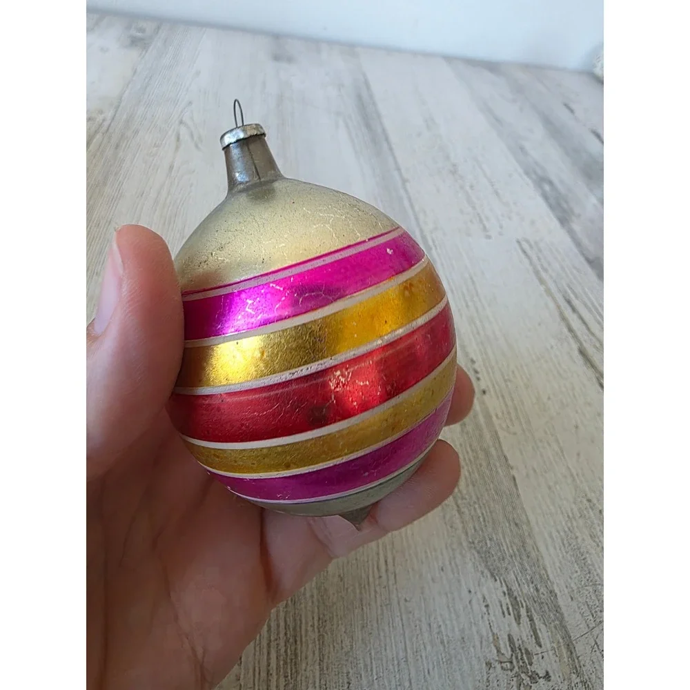 Vintage Japan teardrop rainbow AS IS striped gold pink ornament Xmas tree